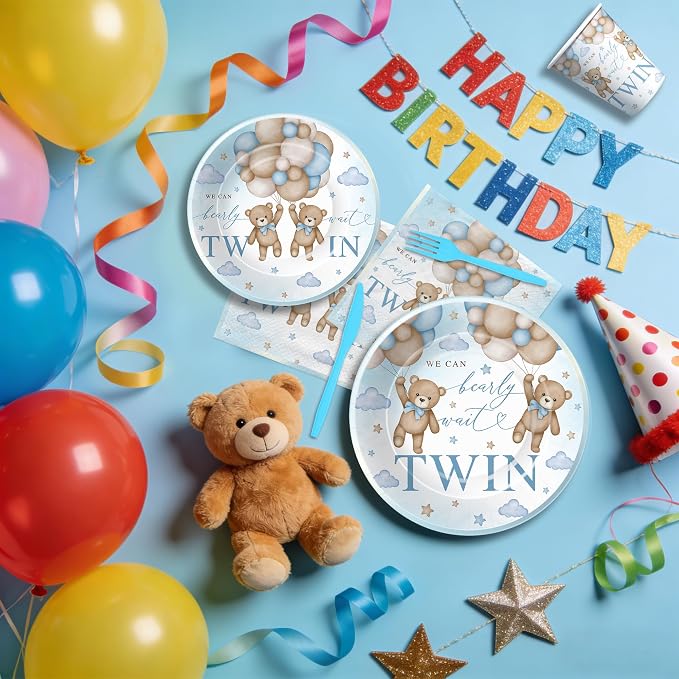 Twin Baby Shower Decorations Tableware, Teddy Bear Theme We Can Bearly Wait Party Supplies, Disposable Paper Dinner Plate, Dessert Plate, Cup, Napkin, Cutlery, Serves 24, Blue and Tan