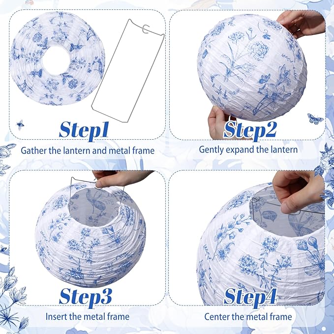 Honoson 12 Pcs Chinoiserie Paper Lanterns Blue and White Floral Chinoiserie Party Decorations Hanging 10 Inch Chinese Lanterns for Spring Wedding Bridal Shower Baby Shower Tea Party Decorations