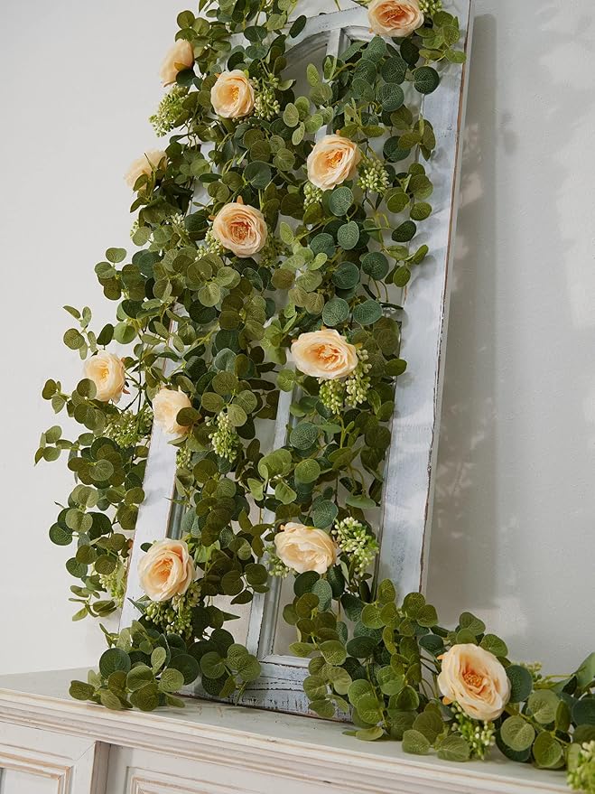 PARTY JOY 2pcs 6.56ft Eucalyptus Garland with Flowers-8 Champagne Roses-Lush,Natural Looking, Floral Garland Greenery for Party Wedding Table Indoor Outdoor Backdrop Wall Decor(Champagne)
