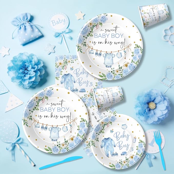 Baby Shower Decorations Boy, Blue Baby Boy Shower Party Supplies | Plate, Napkin, Cup, Tablecloth, Backdrop, Banner, Swirls, Topper, Balloons, Cutlery, All Packages in Gift Box for 24 Guests