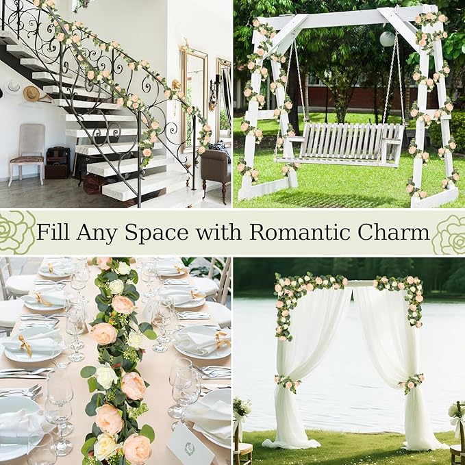 Lewondr Artificial Eucalyptus Garland with Flower - 8 Rose 8 Peony, 2Pcs 13FT Faux Floral Greenery Garlands Fake Flowers Vines, Maintenance-Free for Table Backdrop Party Room Decor, Mixed Champagne