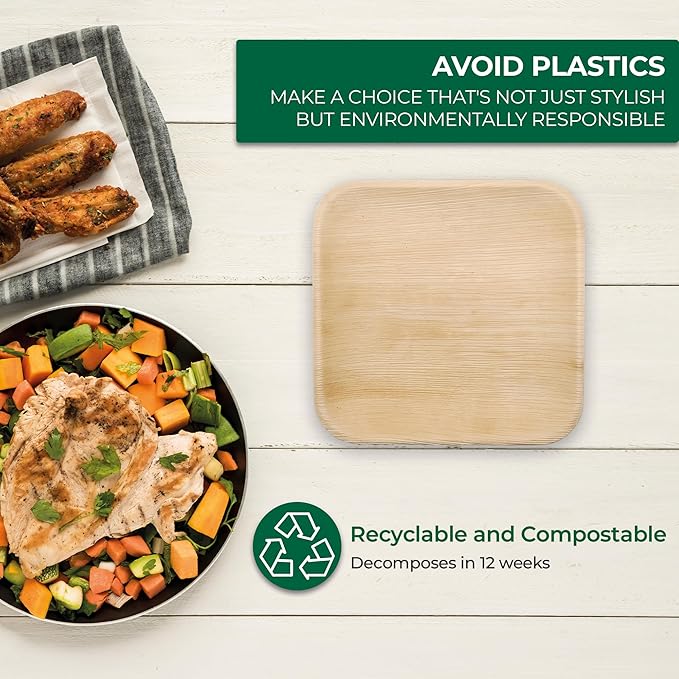 Palm Leaf Disposable Plates - Bamboo Plates Disposable 8 Inch Square (50pc) - 100% Compostable & Biodegradable Plates with Cutlery (50 Forks, 50 Knives) - Heavy-Duty, Party Dinnerware Set
