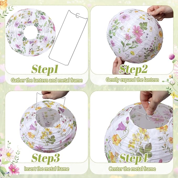 Honoson 12 Pcs Wildflower Paper Lanterns Spring Floral Watercolor Wildflower Party Decorations Hanging 10 Inch Chinese Lanterns for Wedding Bridal Shower Baby Shower Tea Party Decorations