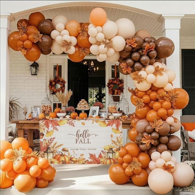 fall thanksgiving Burnt orange Balloon Garland Arch Kit Orange Cream Peach brown balloon with artificial maple leaf Autumnbackdrop for Boho Baby Shower Little Pumpkin friendsgiving Decorations