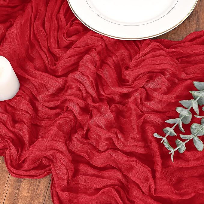 10 Pack Cheesecloth Table Runner Red, Rustic Boho Gauze Fabric Table Runner Romantic Table Runner for Wedding, Festival, Birthday, Anniversary, Dinner and Outdoor Events (17.7 x 108 inch)