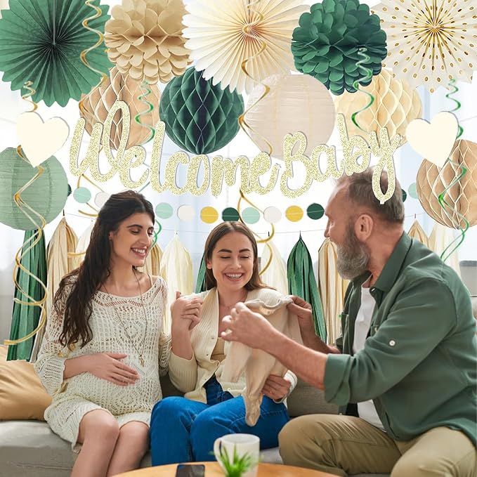 Sage Green Baby Shower Decorations Boys Safari Welcome Baby Sign Olive Green Paper Flowers Honeycomb Balls Lanterns Fans Hanging Swirls Tassel Garlands for Baby Gender Reveal Party Décor