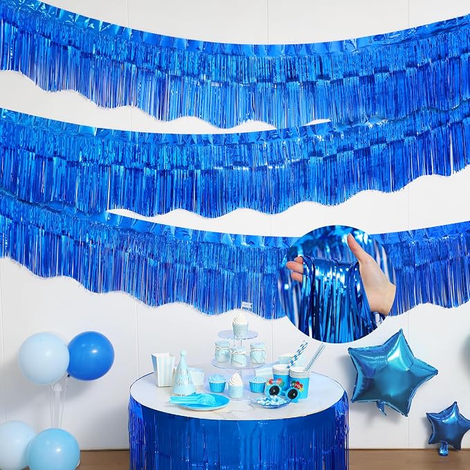 LOLStar Sapphire Blue Foil Fringe Tinsel Garland, Streamers Banner, 6 Pack | 60Ft Tinsel Streamers, Shiny Sapphire Blue Tinsel Fringe Banners for Graduation, 4th of July, Parade Float Party Decor