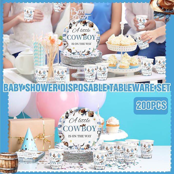 Hushee 200 Pcs a Little Cowboy Is on The Way Baby Shower Paper Plates Napkins Cups Baby Shower Party Supplies Tableware Set Cowboy Disposable Cup Napkin for 50 Guest Boy Girl Spring Decoration