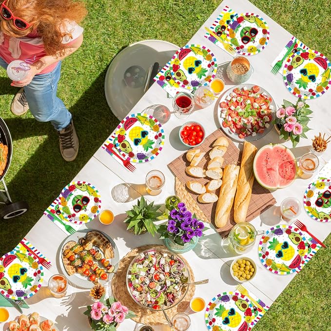 50 Guests Tutti Frutti Party Supplies Fruit Theme Birthday Plates and Napkins Forks Summer Fruit Tableware Watermelon Pineapple Paper Plates for Birthday Baby Shower Party 200PCS