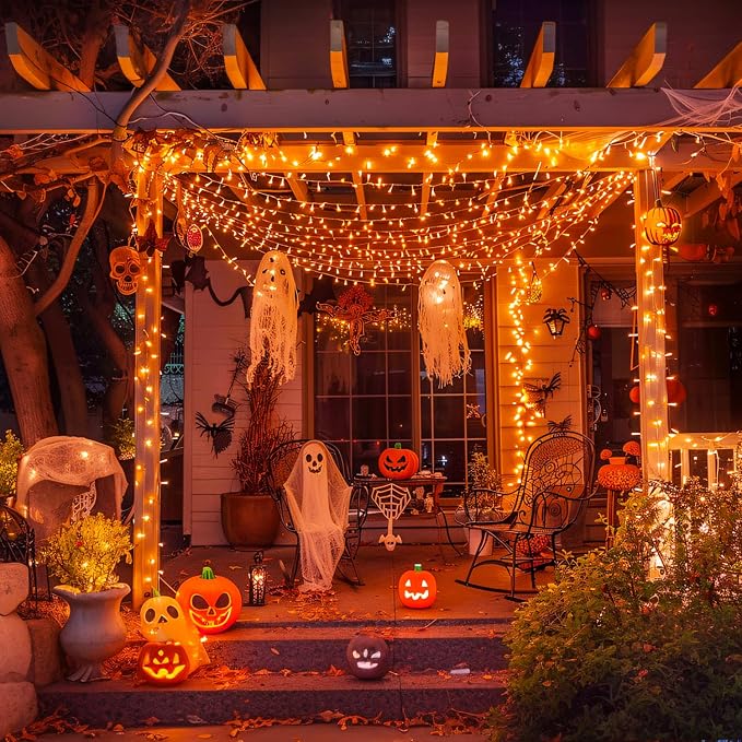 JMEXSUSS 33FT 100 LED Orange Lights for Halloween, Battery Operated Halloween Lights Outdoor Indoor, 8 Modes Remote String Lights for Yard Tree Front Porch Room House Fence Xmas Decor