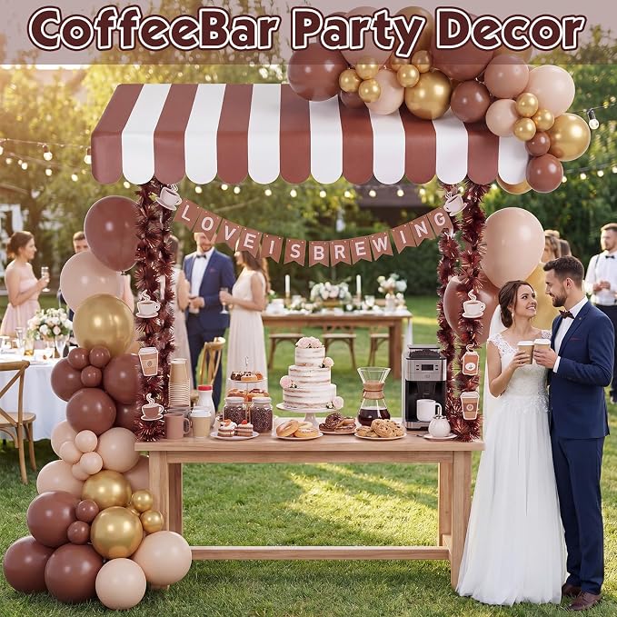 7 Pcs Love Is Brewing Bridal Shower Party Decorations Coffee Wedding Bachelorette Party Supplies with 1 Set Plastic Stand 1 Brown and White Striped Awning 4 Brown Tinsel 1 Love Is Brewing Banner