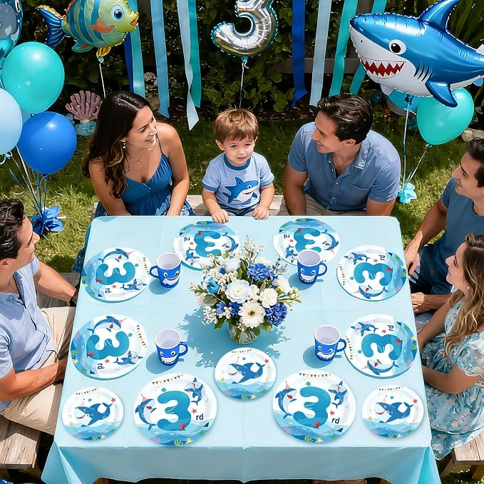 96Pcs Shark 3rd Birthday Party Supplies Blue Ocean Shark Plates and Napkins Under The Sea Tableware Set for Kids 3 Years Old Blue Ocean Theme Birthday Party Supplies,Serves 24