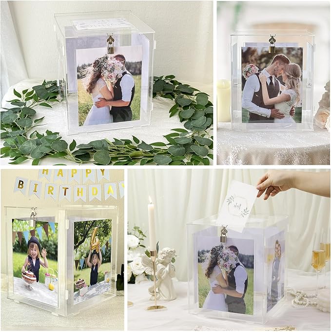 Acrylic Wedding Card Box with Picture Frame, Clear Gift Card Box for Wedding Reception, Large Rotatable Money Envelope Card Box Holder with Lock for Graduation Party Birthday Baby Shower