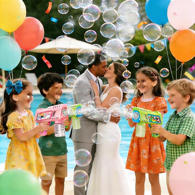 Bubble Gun Machine with Batteries, Green and Pink, Includes Bubble Solution and Refill Packs, Dinosaur Theme, Kids Outdoor Toy