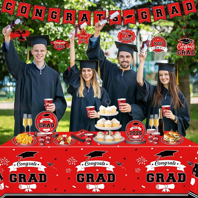 Leetous 2026 Graduation Party Decor Supplies Favors for Class, Red and Black Grad Plates Napkins Cups Tablecloth for College & High School, Disposable Tableware Accessories Kit Stuff for 25 Guests