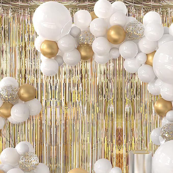 30 Pack Champagne Gold Foil Fringe Curtain Backdrop, 3.3x8.2 Feet Metallic Tinsel Streamer Curtains Photo Booth Props for Engagement/Wedding/Bridal Shower/New Year/Valentine's Day Party Decorations