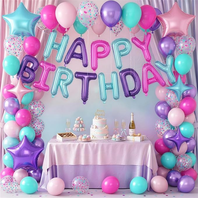 Pink Purple Blue Birthday Decorations Hot Light Pink Metallic Purple Teal Confetti Balloon Happy Birthday Banner Heart Foil Balloons 18/10 Inch Star Balloons for Girls Boys Bday Mermaid Party