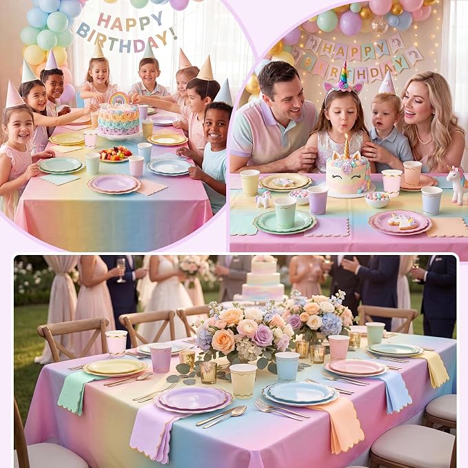 Yungyan 193 Pcs 48 Guests Pastel Gradient Rainbow Birthday Party Supplies Disposable Tableware Set 9 oz Paper Cups with Handle 7" 9" Paper Plate Napkin Tablecloth for Party Wedding Baby Shower