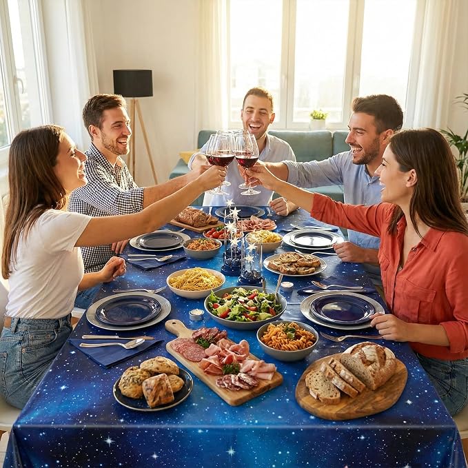 NatNarr 6 Pack Plastic Space Tablecloth, 54 x 108 Inch Disposable Galaxy Themed Tablecloth Waterproof Rectangle Star Party Table Cover for Home Party Decorations