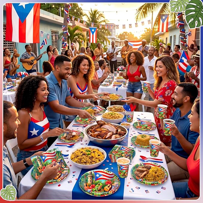 FoldTier 350 Pcs Puerto Rico Party Supplies Disposable Paper Plates Napkins Cups Puerto Rico Theme Birthday Party Decorations Tableware Flag Frog for Holiday Festival Family Friends Serve 50 Guests