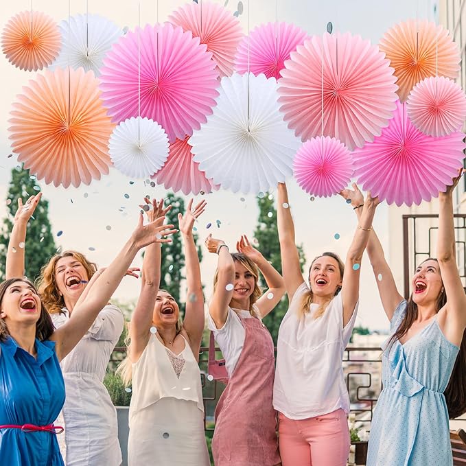 MotiMind 24 Pcs Hot Pink Paper Fans Valentines Day Party Decorations Classroom Decor Wall Background Ceiling Hanging for Birthday Wedding Baby Bridal Shower Engagement Party Favors