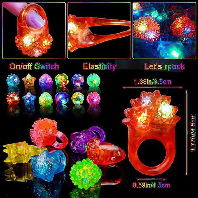OLUPP Party Favors 100 Pcs Light Up Rings, Glow In The Dark Party Supplies, 6 Style Flashing Glow In The Dark Rings for Adults & Kids, LED Ring for Birthday, Concert, Raves, Halloween, Christmas