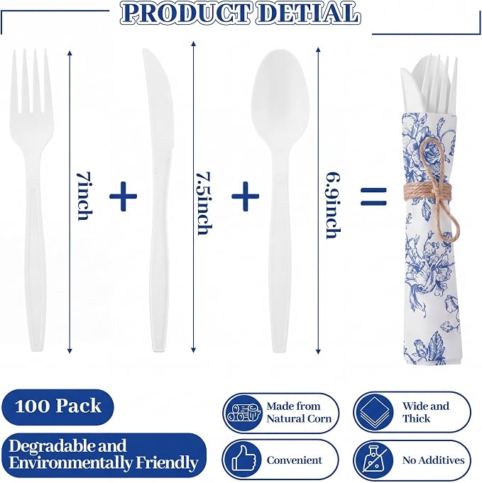 400 Pcs Something Blue Before I Do Blue Floral Wedding Supplies Biodegradable Disposable Tableware for 100 Guests Knives Spoon Fork Floral Paper Napkins for Bridal Shower Bridesmaid Gift
