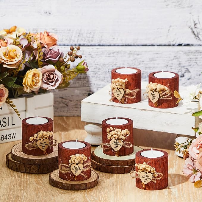 24 Pcs Rustic Wedding Party Favor Candle Holders Bridal Shower Favors Wooden Candles Favors Gifts Souvenirs for Guest Romantic Gifts Wedding Decorations (Dark Brown)