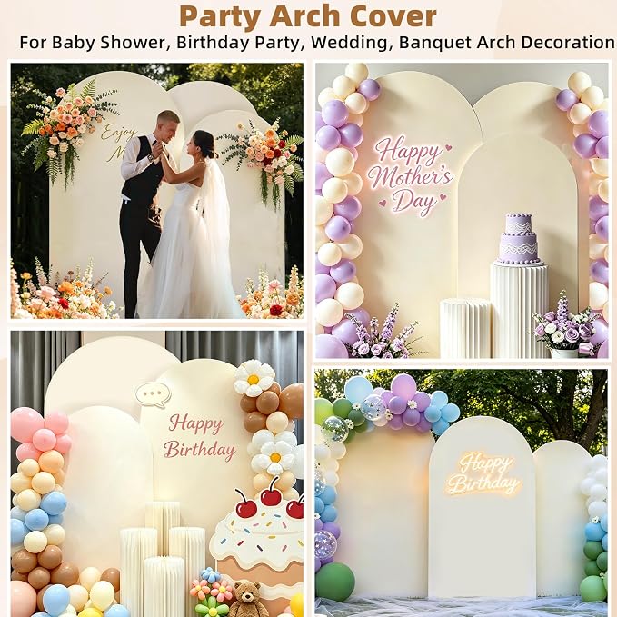 Hemmotop Beige Arch Backdrop Cover Set, 3-Piece (6ft/ 6.6ft/ 7.2ft) Wedding Arch Cover Stretchy Backdrop, Spandex Arched Stand Background Covers for Baby Shower Birthday Graduation Party