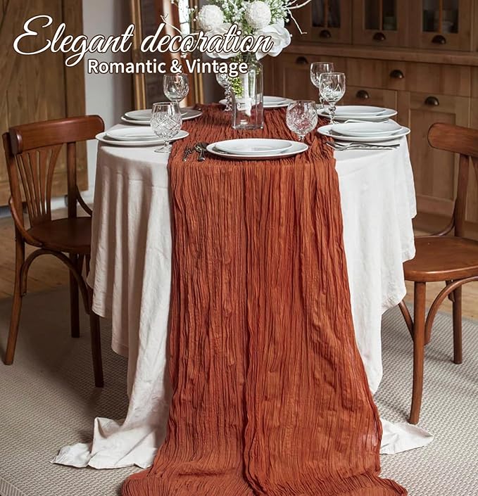 10 Pack Terracotta Cheesecloth Table Runner 17x108 Inch Semi Sheer Boho Gauze Cheese Cloth Table Runners, for Wedding Bridal Shower Birthday Party Home Decor Garden Farmhouse