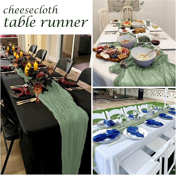 12 Pack Sage Green Cheesecloth Table Runner 17 x 108 Inch Gauze Table Runner Fabric Semi Sheer Cheese Cloth Table Decor Bulk for Rustic Romantic Wedding Baby Shower Table Decoration