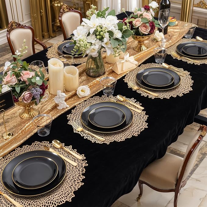 WDF 300PCS Black and Gold Plates - Black Plastic Plates for Party - 50 Guest Disposable Dinnerware Sets for Party/Wedding/Birthday/Halloween