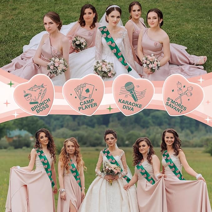 Tondiamo 36 Pcs Camp Bachelorette Party Badges with 12 Pcs Sashes Camping Bachelorette Decorations Buttons Pins for Bridal Showers Accessories Wedding Bachelor Party Favors DIY Costume Backpack Gifts