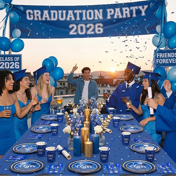 Funnymoom 452 Pcs 2026 Blue White Graduation Decoration for 50, Class of 2026 Blue Graduation Paper Plates Napkins Cups Tablecloth Cutlery Straws for College High School Congrats Grad Party Supplies