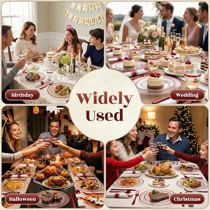 175pcs Plastic Plates for Party Clear & Red | Disposable Plastic Dinnerware Set for 25 Guests Include 50 Plastic Plates,25 Cups & 25 Pre Rolled Napkins with Cutlery Set