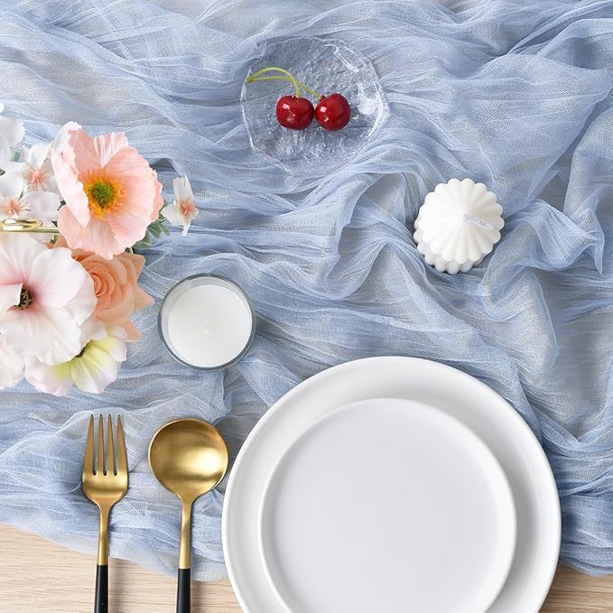 Joanlody Blue Cheesecloth Table Runner Spring Summer 10Ft Rustic Gauze Boho Cheese Cloth Table Runner for Wedding Bridal Baby Shower Decoration 10 Pack