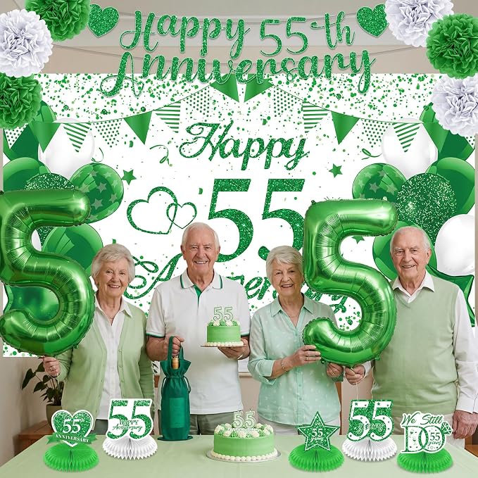 55th Wedding Anniversary Decorations Kit Green Happy 55th Anniversary Banner Backdrop Table Honeycomb Centerpiece Hanging Swirls Poms Decor for Men Women 55 Years Emerald Anniversaries Party Supplies