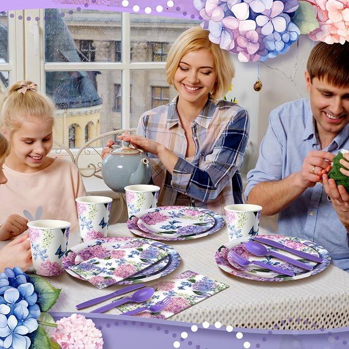 400 Pcs Hydrangea Flowers Spring Plates and Napkins Bridal Shower Plates and Napkins Sets Baby Shower Party Decorations Disposable Dinnerware Set