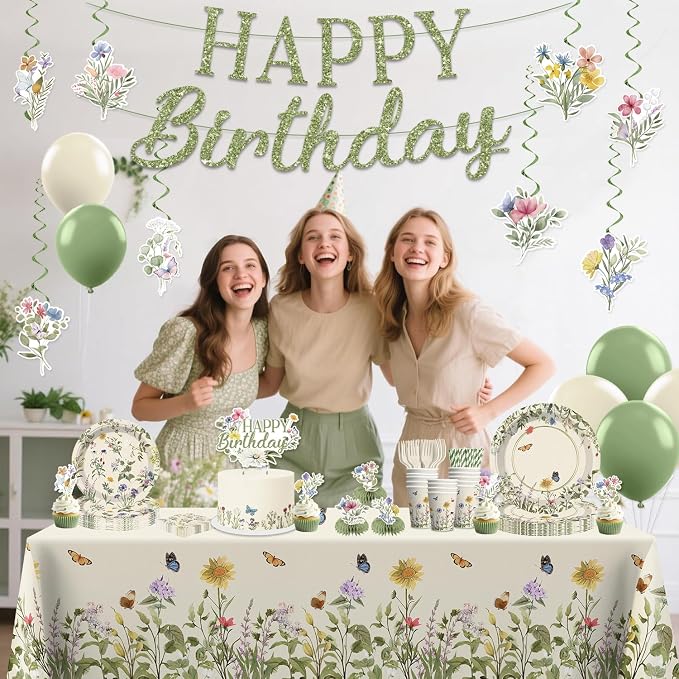 Wildflower Party Decorations for Girl, Flower Birthday Party Supplies Set with Banner, Plates, Cups, Napkins, Balloons, Tablecloth & Cake Toppers Serves 25