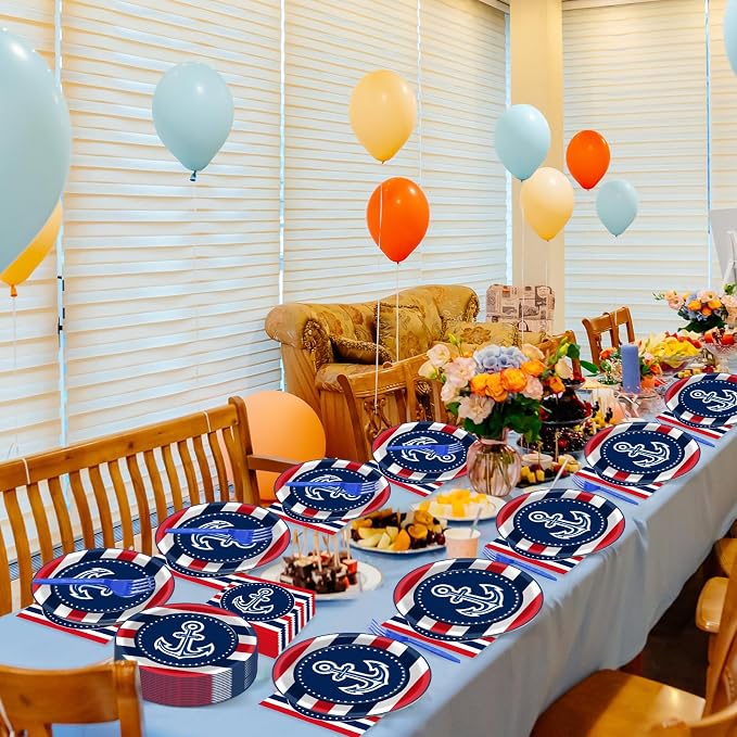 gisgfim 50 Guests Nautical Anchor Party Supplies Anchor Theme Plates and Napkins Plastic Forks Sailor Boat Ship Tableware Nautical Paper Plates for Baby Shower Birthday Party Boys Girls Kids 200PCS