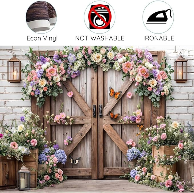 10X8ft Wedding Rustic Barn Door Photography Backdrop Vintage Wood Board Pink Purple Rose Flowers Bridal Anniversary Party Photo Shoot Decor Props