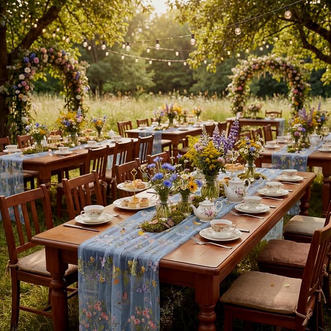 Blue Floral Table Runner 10ft Embroidery Tulle Spring Wildflower Table Runner Seasonal Summer Butterfly Kitchen Dining Gauze Decoration for Wedding Baby Bridal Shower Birthday Party (3 Pcs)
