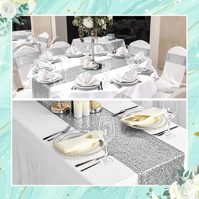 54 Pieces of Silver Sequin Chair Ribbons and Table Runners, 48 Sequin Chair Bows, 6 Glitter Table Runners, Suitable for Wedding Parties Birthday Meeting Events Decorations (Silver)