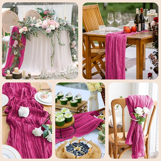 3PCS Table Runner Cheesecloth 10FT Fuchsia Boho Gauze Cheese Cloth Rustic Sheer Table Runners for Wedding Birthday Bridal Baby Shower Party Decoration