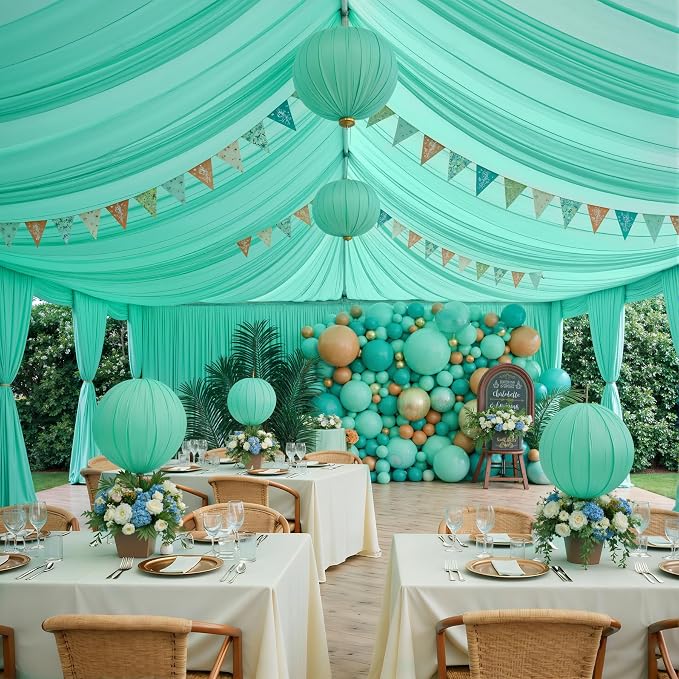 20ftx40ft Mint Green Ceiling Curtain for Wedding Parties – 4 Panels Wrinkle-Free 40 FT Long Tent Draping Curtains for Wedding, Birthday & Theme Parties, 40ft Height with Rod Pocket
