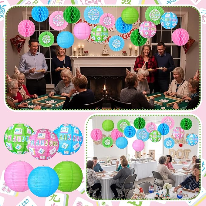 Retisee 18 Pcs Mahjong Party Decorations Mahj Hanging Paper Lanterns Honeycomb Fans Honeycomb Ball for Game Night Mahjong Night Celebrations Party Supplies