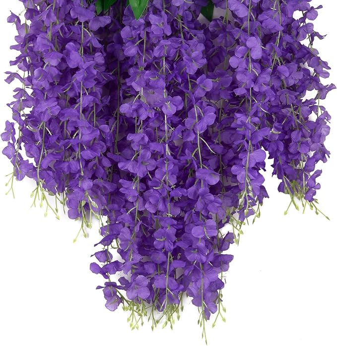 24 Pack Artificial Wisteria Hanging Flowers Fake Wisteria Flower Garland Silk Vines Rattan Decor for Home Wedding Arch Wall Garden Greenery Bedroom Outdoor Office Party Decoration (Purple)