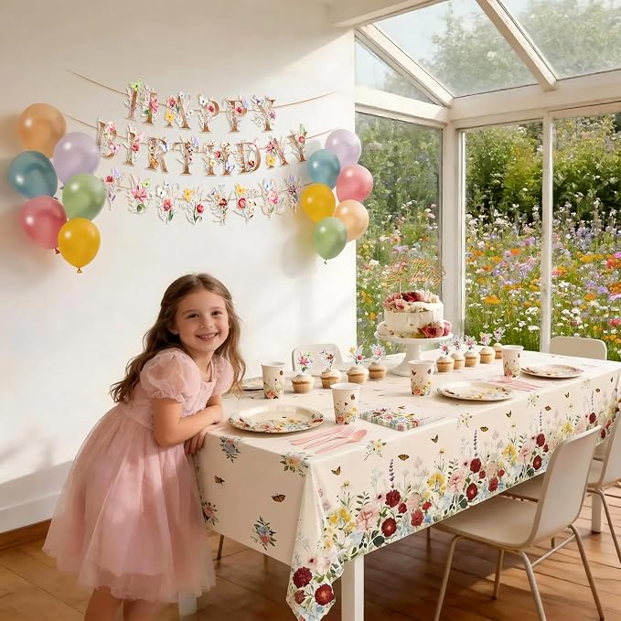 BORAMDO 206 PCS Wildflower Birthday Party Decoration,Spring Floral Baby Shower Decor with Plates Napkins Cups Cutlery Tablecloths Cake Toppers Banner Balloons for Flower Garden Party Supplies(Vintage)