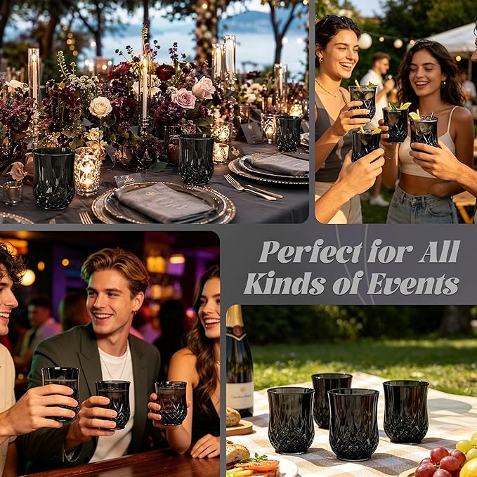 40 Pack Plastic Stemless Wine Glasses,12oz Unbreakable Vintage Elegant Drinking Glass Set,Reusable Fancy Cocktail Cups for Party, Wedding, and Bulk Events (40, 12oz-Black)