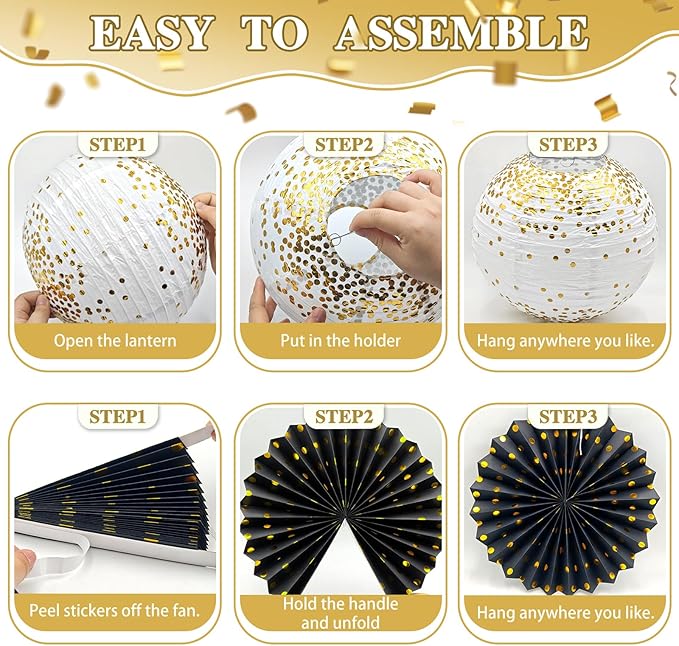 ADLKGG Black and Gold Party Decorations, 14 Pcs Hanging Paper Fans, Lanterns, Pom Poms, Photo Backdrop for Class of 2026 Graduation, Men's Birthday, Great Gatsby Theme Party